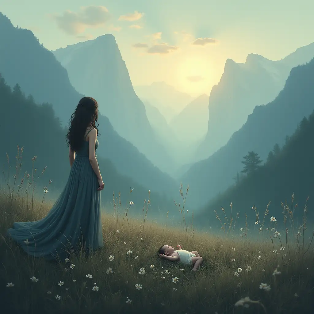 Draw a hauntingly beautiful and thought-provoking image that captures the themes of birth, spirituality, existence, and human connection: n Image: A serene and mystical landscape, such as a misty mountain range.n Composition: A solitary female figure, with their back to the camera face obscured, looking over a baby laying in tall grass, could be seen in the distance.n Color palette: Muted, ethereal tones such as blues, purples, and greys could dominate the image, with hints of warm golden light to represent spiritual awakening.n Objects: Incorporate symbolic objects like feathers and flowers to add texture and depth to the image.n Overall, the image should evoke a sense of contemplation, wonder, and connection to the universe, drawing viewers into the  philosophical and spiritual realm.