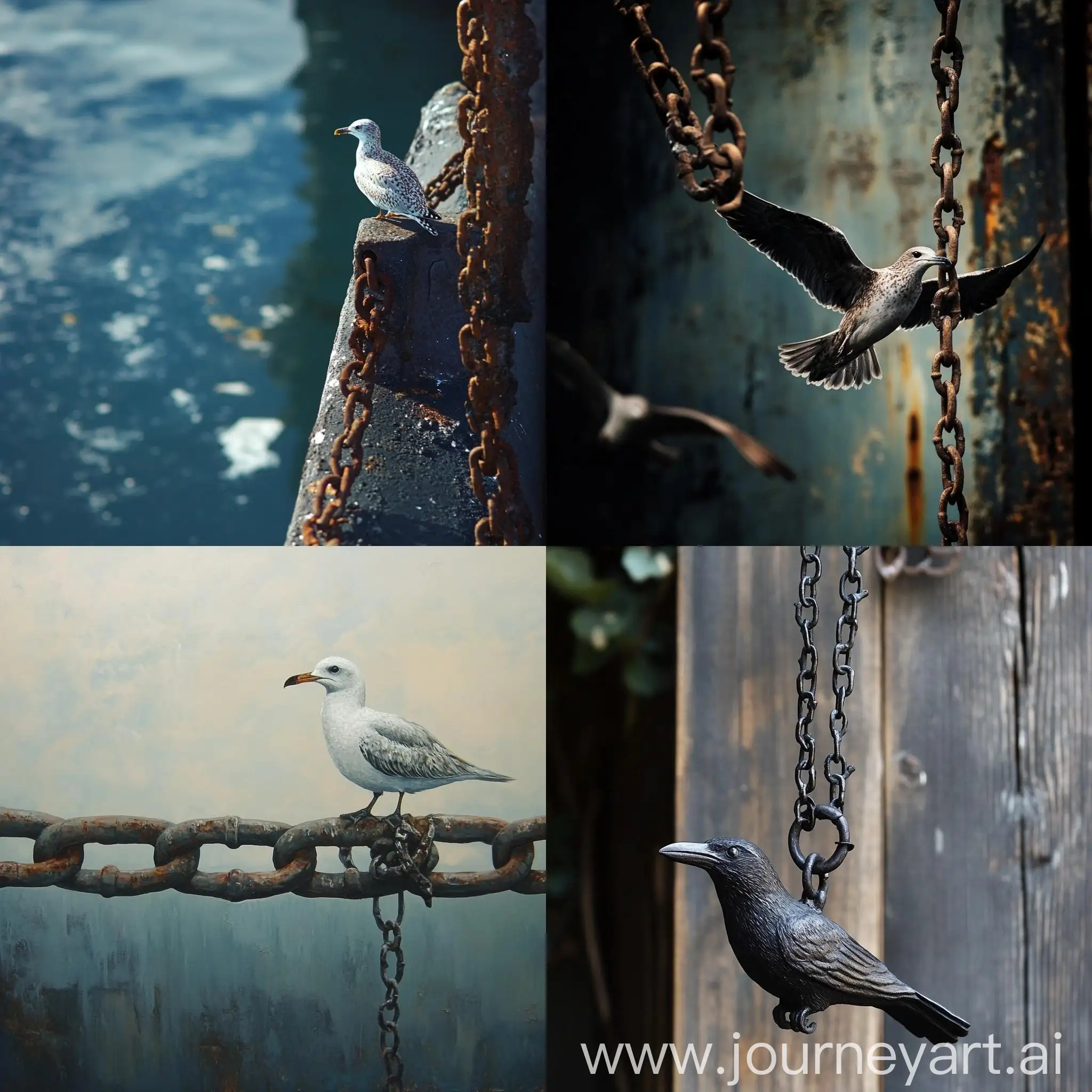 Colorful-Bird-with-Ornate-Rudder-and-Intricate-Chain