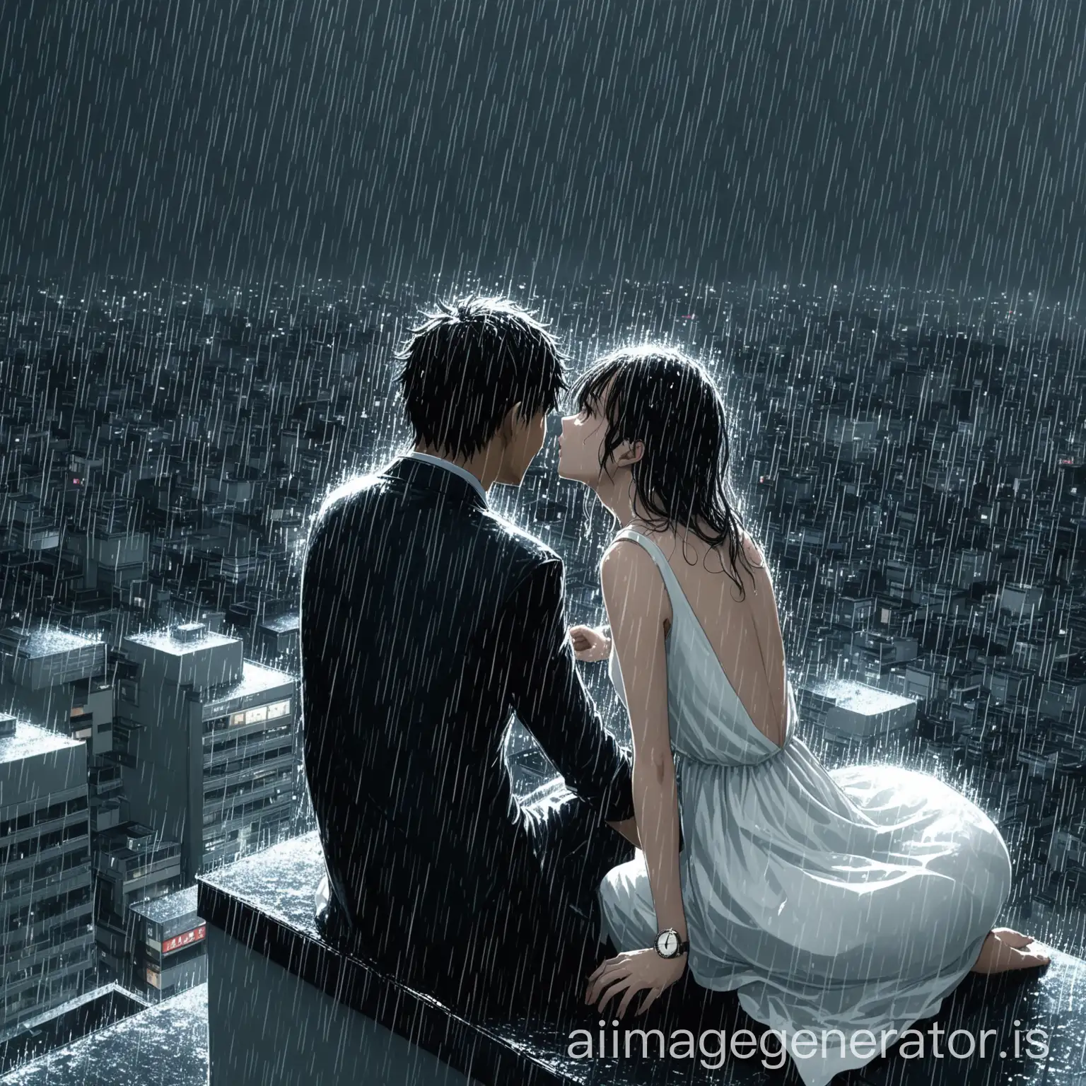 sitting on top of a building, a young man and a young woman in a white dress watch intense rain falling on tokyo, the young woman is not wet