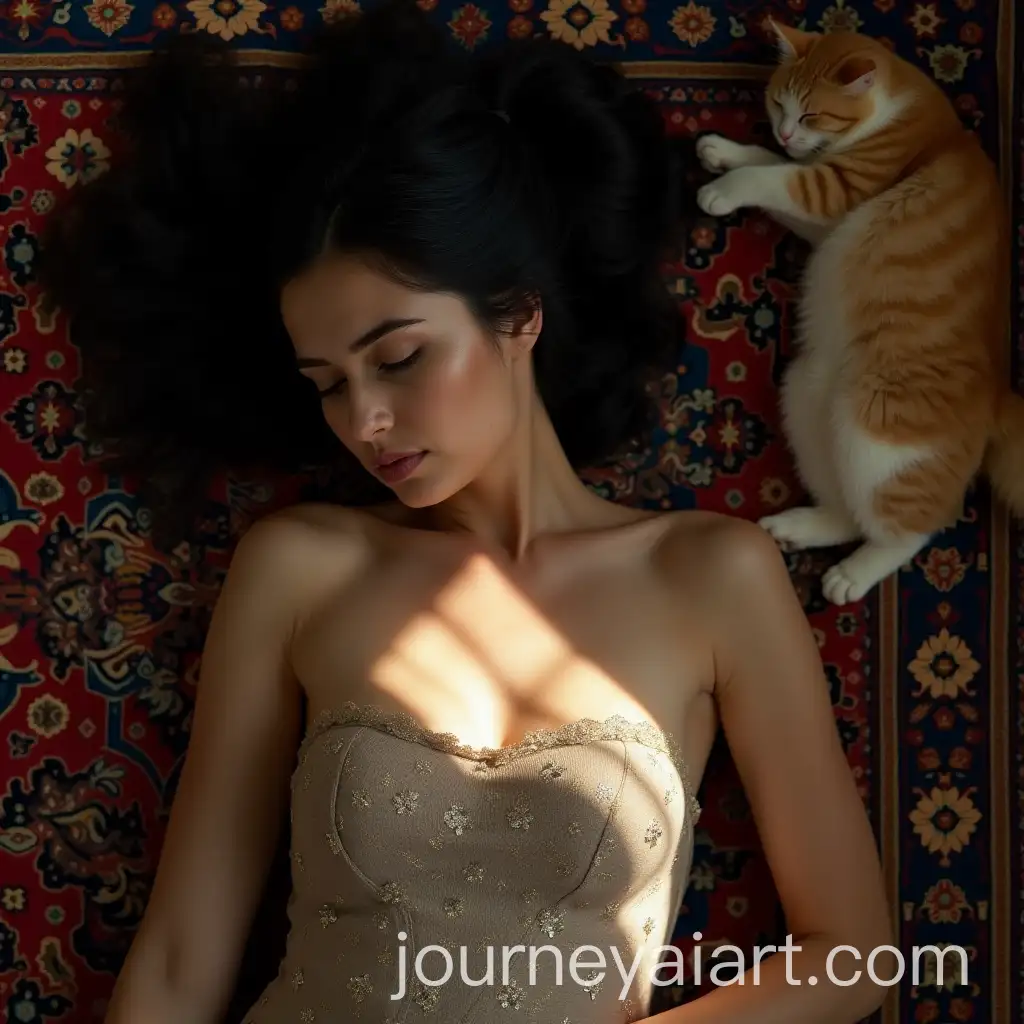 Iranian-Woman-Sleeping-on-Traditional-Carpet-with-Persian-Cat-in-Sunlight