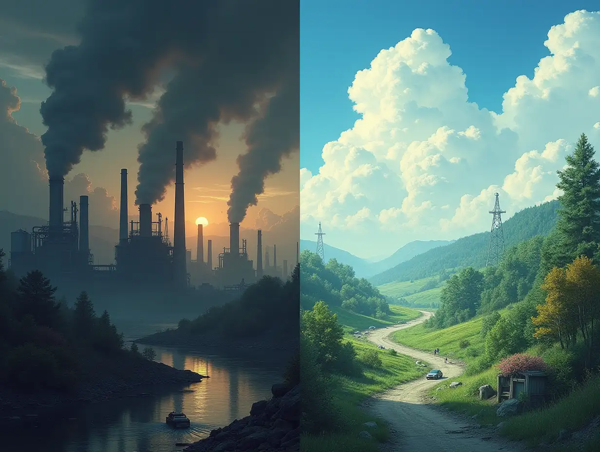 Before and After Contrast: Two halves of the same artwork: one showing a dreary dark polluted, desolate world full of smoke and factories , and the other illustrating a thriving, clean environment where nature and technology coexist harmoniously