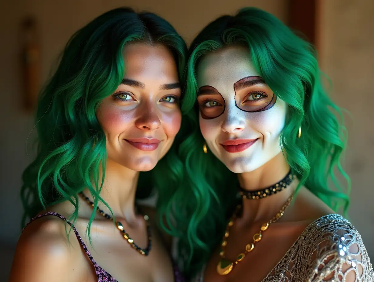 Two young black and white patternnGirls with alien face,withngreen hair, with a slightnsmile on her face,highlightingher smile, modern retronjewelry,in a temple much Goldndifferent shades 4k