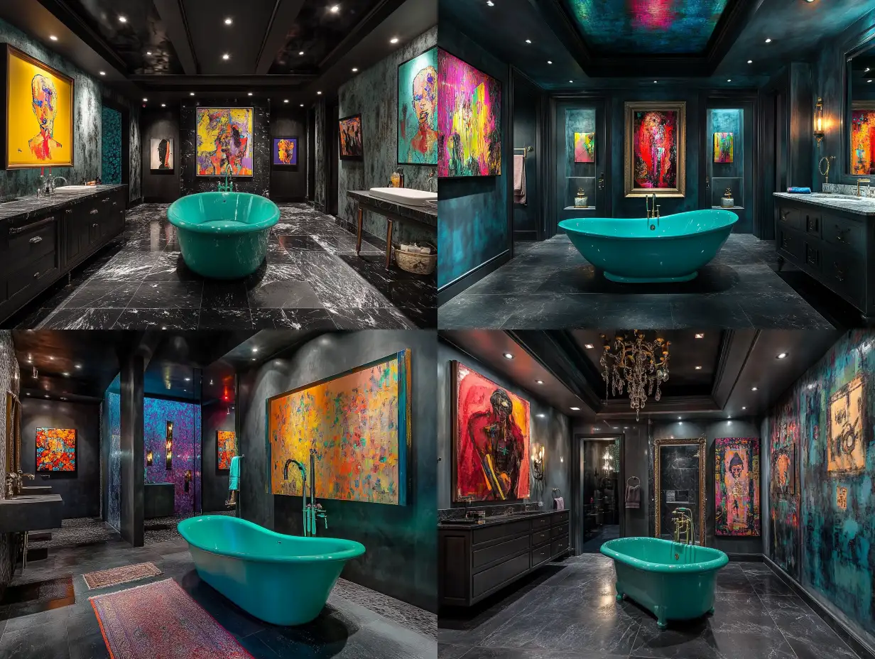Eclectic-Interior-Design-with-Turquoise-Bathtub-in-Modern-Bathroom