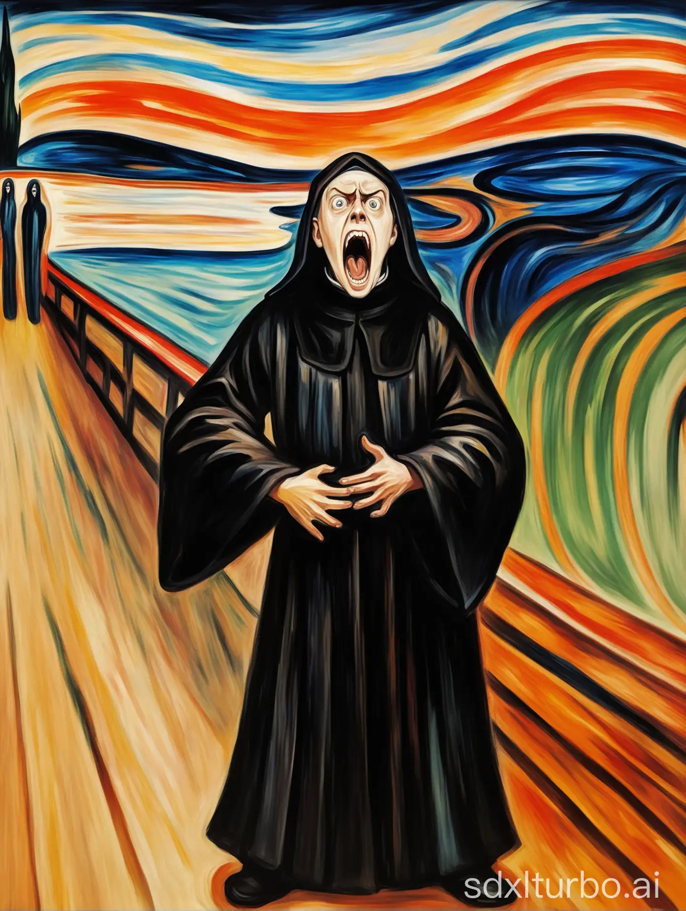 Renaissance-Friar-Screaming-in-Stylized-Oil-Painting