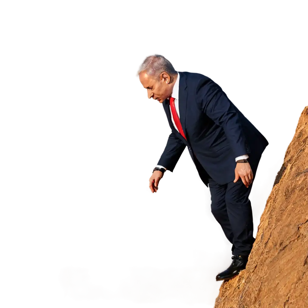 Netanyahu climbing a tall cliff at sunset