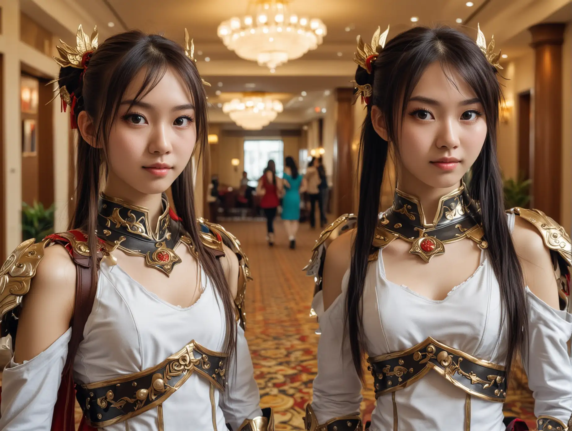 faces of two angelic skinny 20-year-old chinese girls in warrior cosplay costumes in a hotel lobby, staring at the camera in wonder.