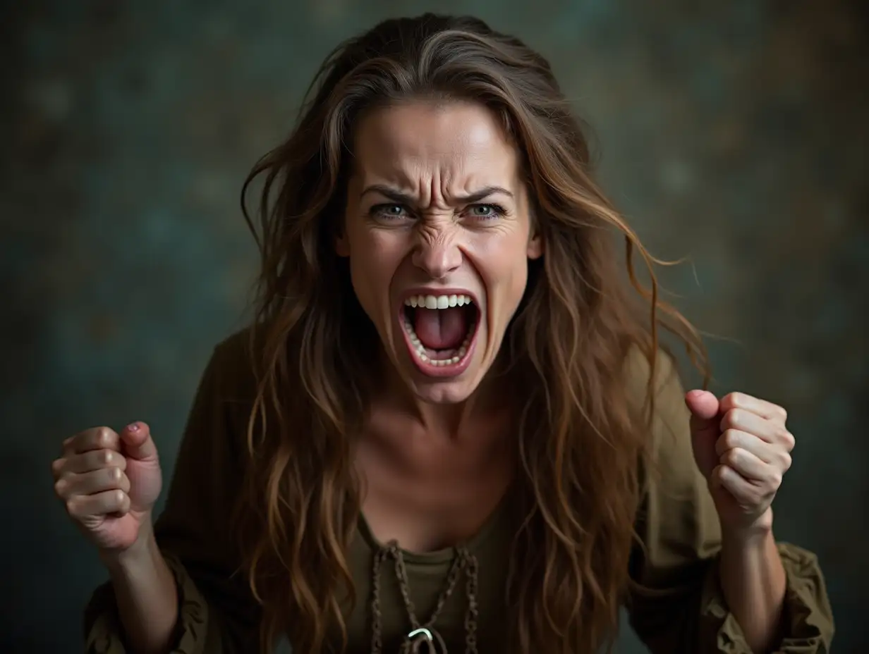 A picture of an angry-looking, disheveled woman who looks like she's from the medieval period and is shouting