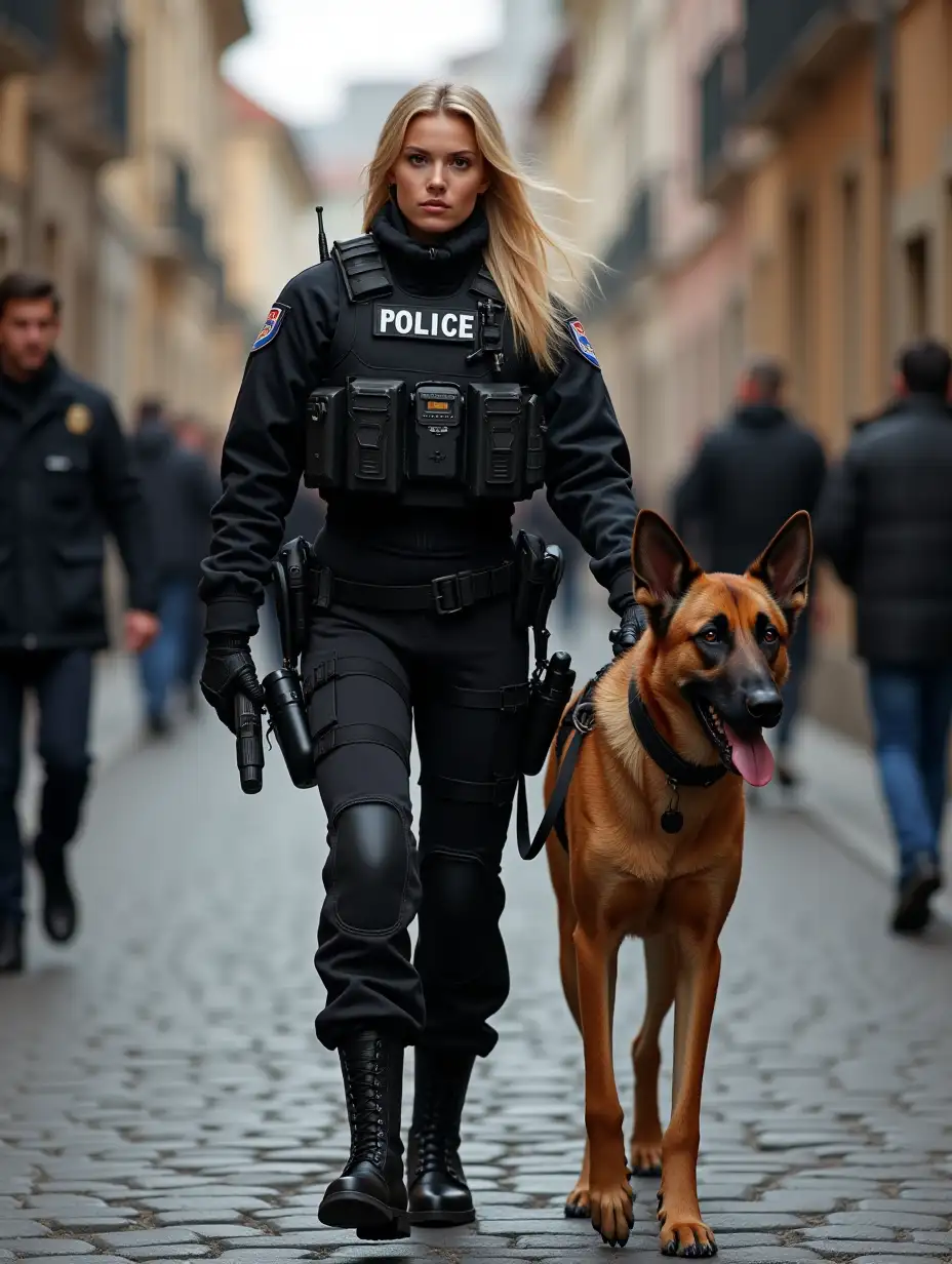 a 19 year old tall strong woman with blonde hair, wearing black heavy armored police uniform, bulletproof vest, gloves, black rigid boots, tactical equipment, walkie-talkie, walking a large police dog on a leash, on a street in a historical town, people in background