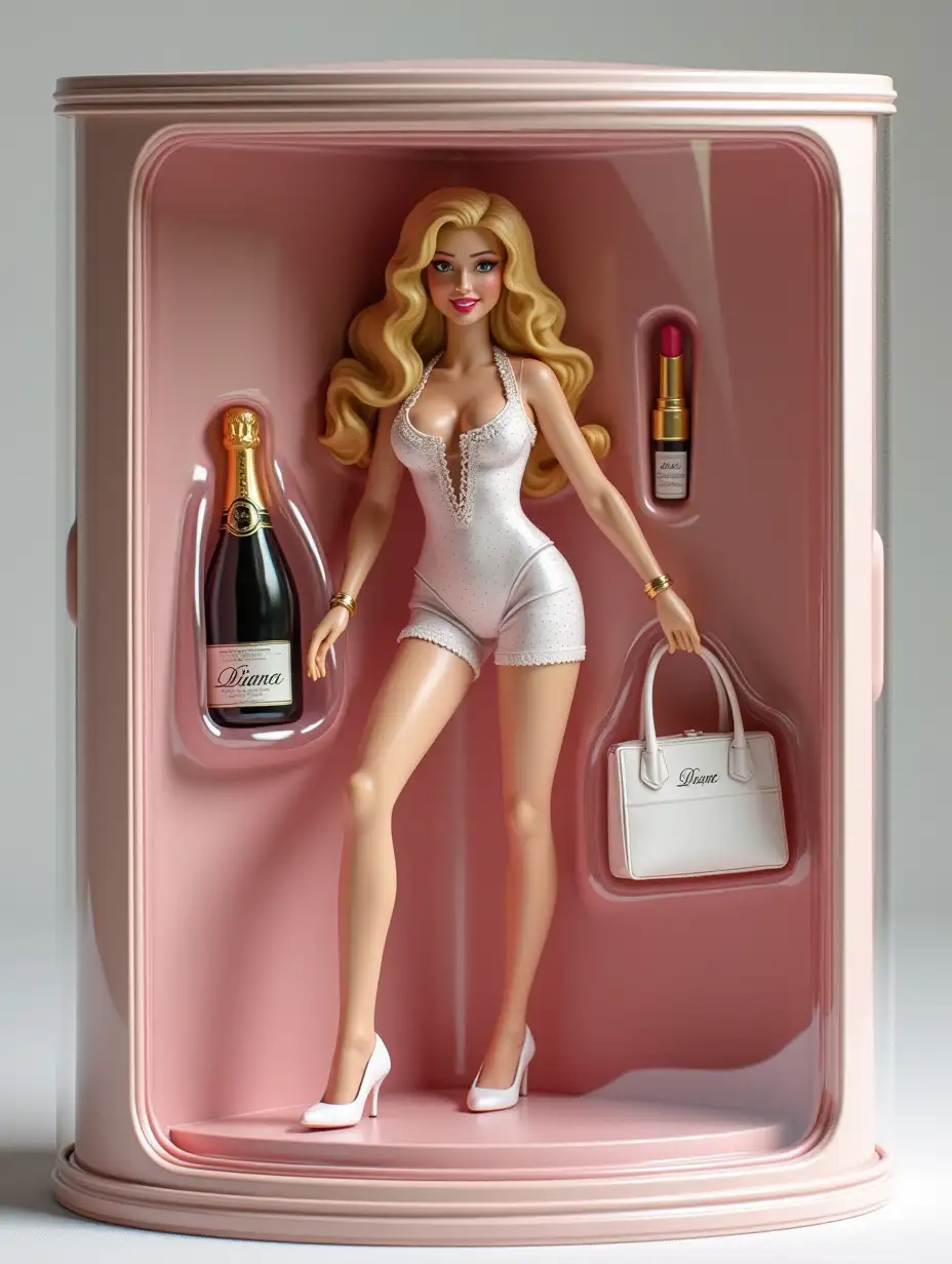 Use this my photo to create my figure in blister packaging, in the style of a premium class collectible toy. The figure should be standing and smiling casually, friendly. On the blister packaging there should be a heading with the text Diana written in capital letters. Place accessories in compartments next to the drawing: champagne, lipstick, bag.