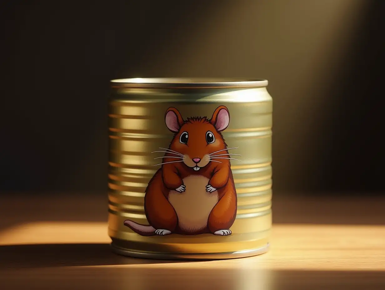 Sealed metal can of pate. On the side of the can is an image of an appetizing chubby mouse. A light beam falls on the can, there are light reflections on the can. Photorealism.