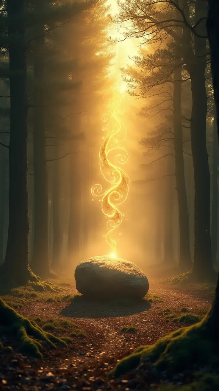 A mystical forest clearing at dawn, golden light filtering through tall ancient trees and mist swirling at the ground. At the centre stands a great smooth stone glowing faintly with inner energy. Subtle glowing sigils and spirals shimmer in the air, representing the soul tattoo being revealed. Atmosphere of mystery, reverence, and deep memory.