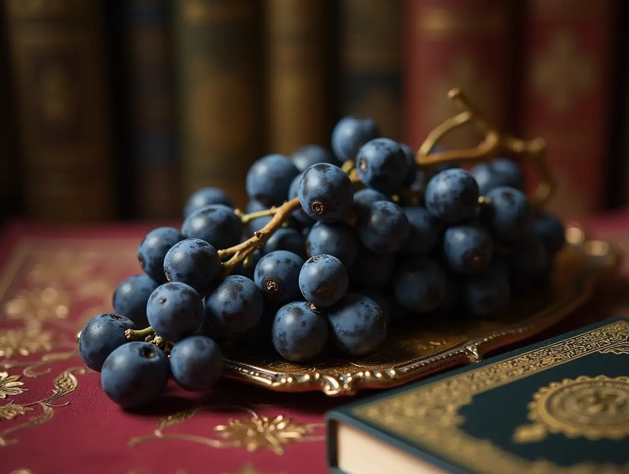 some black grapes in an old oriental setting, a Quran on the edge