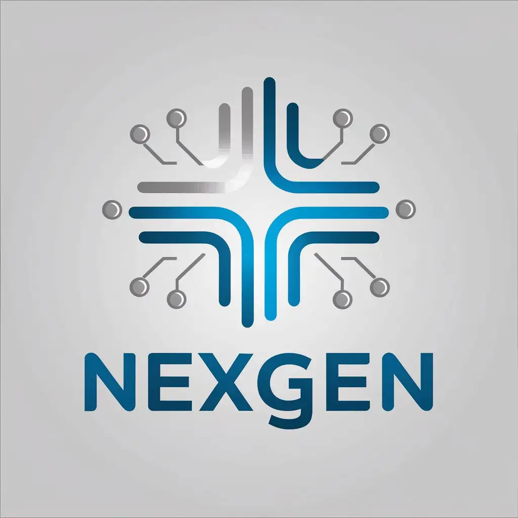 a vector logo design,with the text "NexGen", main symbol:The logo represents a combination of stylized digital lines and patterns, forming a symbol that resembles a network or processor. The color palette includes blue and silver to create a modern and technological image.,complex,be used in Technology industry,clear background