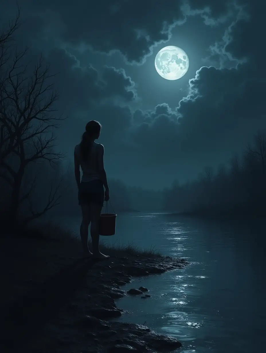 I was by the river, alone, filling a bucket of water for my family. The night seemed darker than usual, the moon hidden behind thick clouds. Shadows stretched long and strange across the ground, making me feel uneasy.