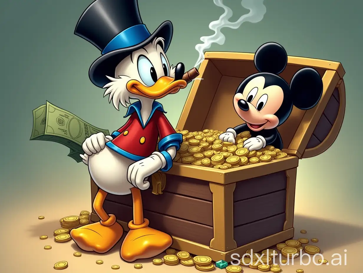 Wealthy-Scrooge-McDuck-Relaxing-on-a-Treasure-Chest-with-Mickey-Mouse