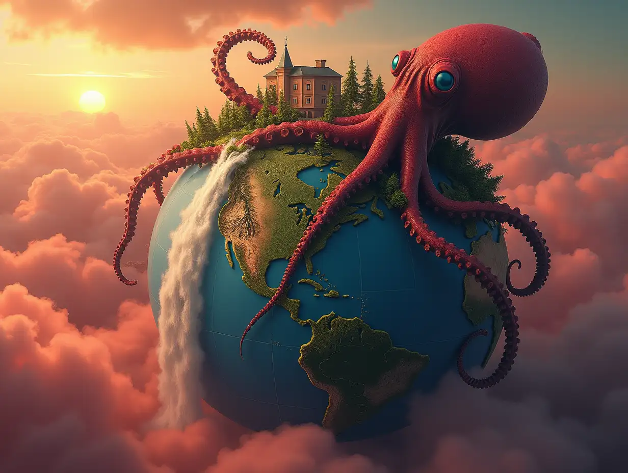 Create a globe, from whose upper half a building, forest, waterfall are protruding and a giant squid with large head holding the globe with its tentacles  Overview of red fog and sun