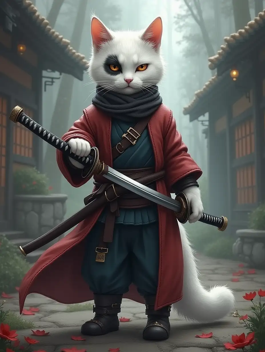 I want a cat but he is a warrior with katanas. I want a white cat with one black eye and black paws. I want he to be mean