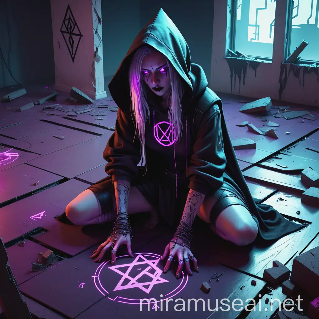 Cyberpunk Hooded Witch Drawing Neonish Witchcraft Rune in Devastated Flat