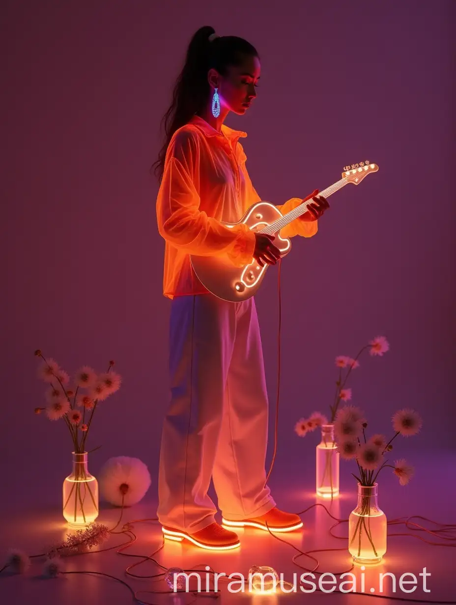 Elegant Young Woman Playing Futuristic Instruments in a Neonlit Studio