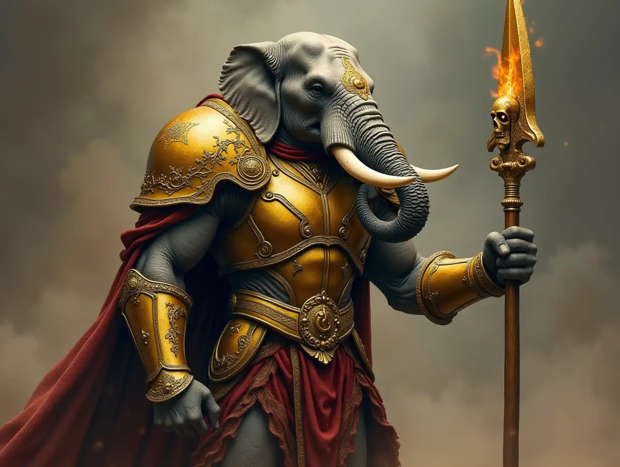 a mixture of Man with elephant trunk and golden armor,spear with death's head