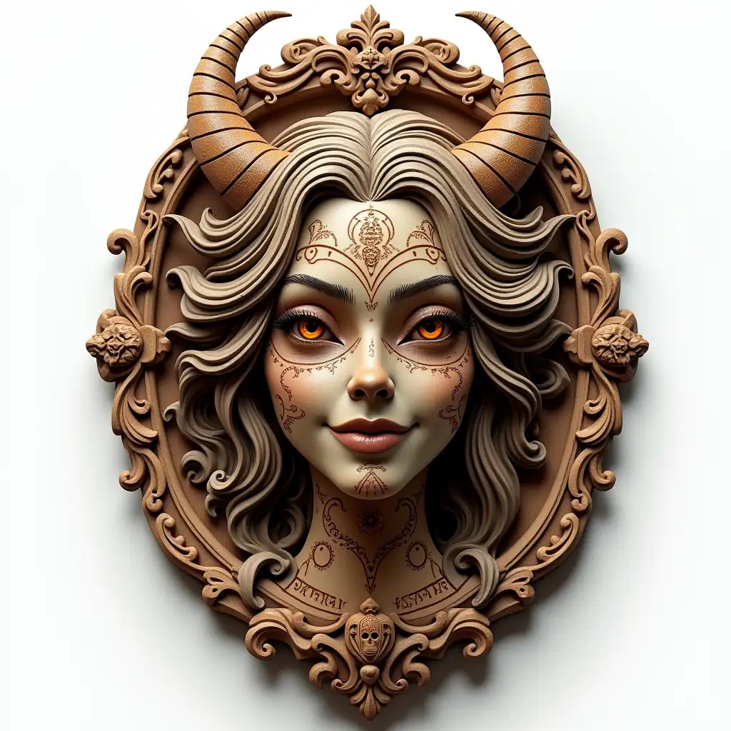 a magnificent carved sculpture made of wood, a museum exhibit, a work of art, a piece of jewelry art, ornate, on a white  background - sculpture made of wood a sensuality and erotic young Queen-warlock of the Dead, smiling with golden eyes, in full face, with detailed patterns and runes, with a drawn texture, beautiful, aesthetically pleasing, 16k, hyperdetalization, hyperrealism, on a white background--ar 5375 --s 250 --q 2 --style raw, hyper realistic, intricate detail 