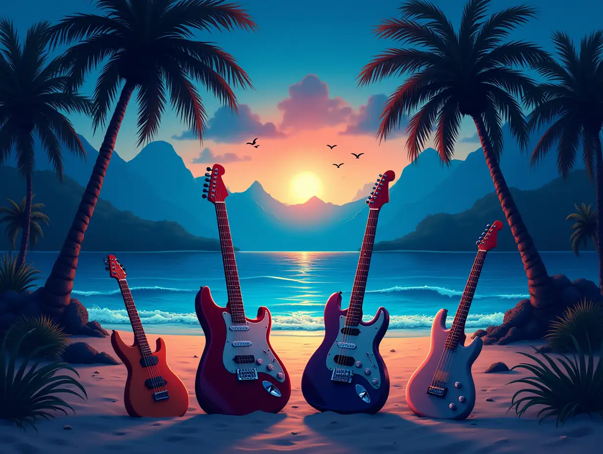 tropical beach palm mountains in the background intensely colorful dark blue tones and three guitars