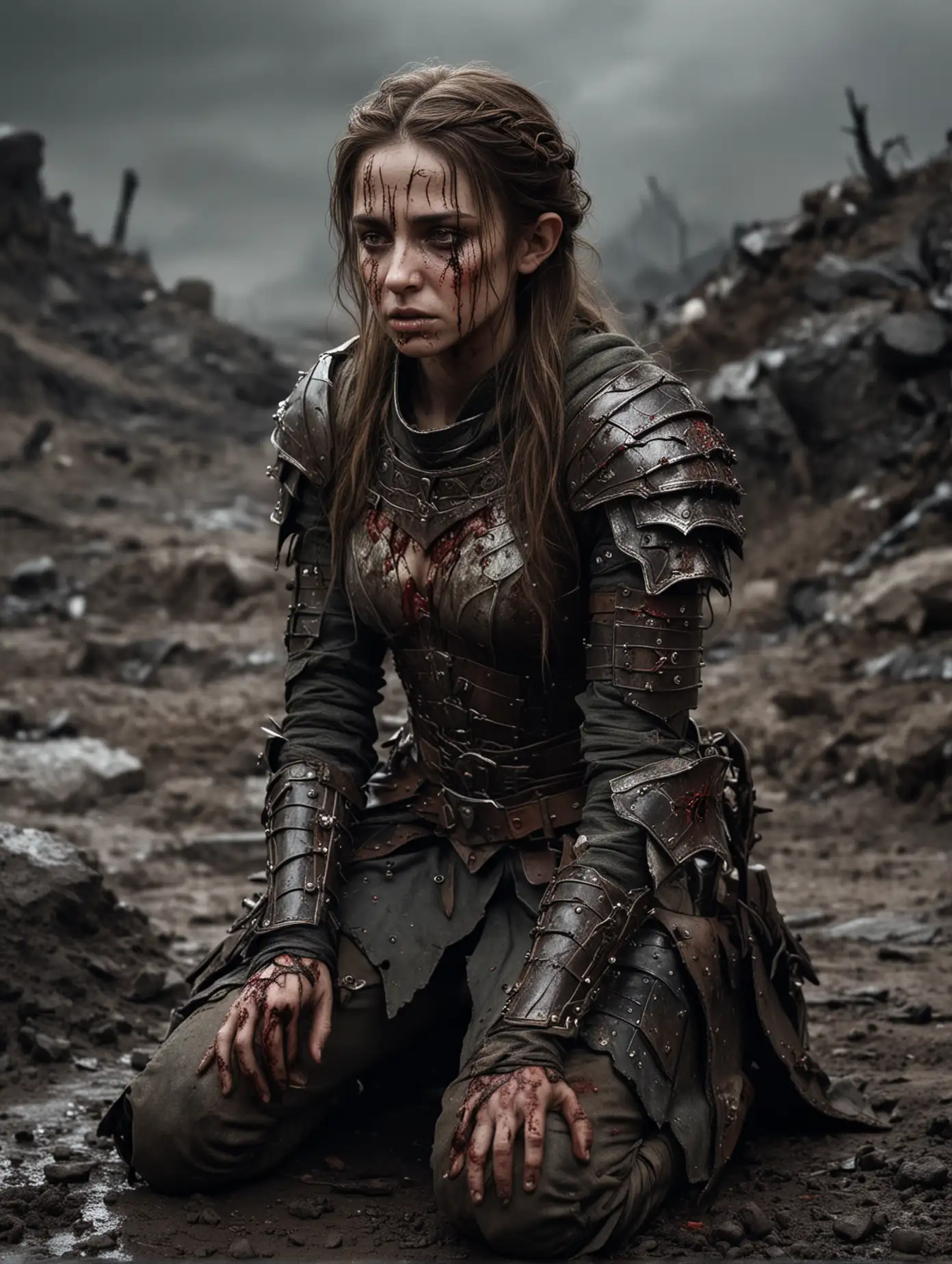 Elf princess with brown hair and light damaged armour wounded with blackened face,  gruesome wounds, battle worn, blackened eyes, covered in blood and dirt, who is kneeling on a desolate battlefield at a dark night. She is suffering with closed eyes and tortured with agonizing pain.