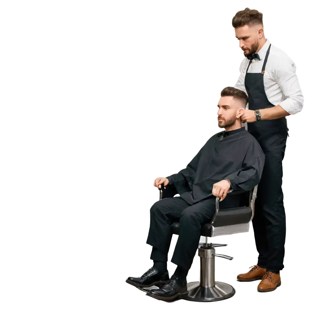 Modern-Barbershop-PNG-Image-Male-Customer-and-Barber-Styling-Hair-with-Gradient-Background