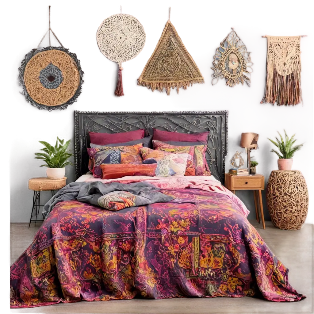 Bohemian-Bedroom-Style-in-Dark-Theme-PNG-Elevate-Your-Aesthetic