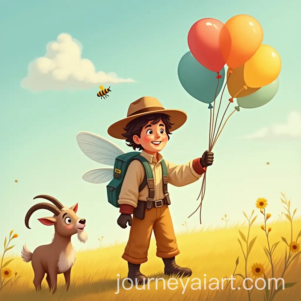 Beekeeper-Holding-Balloons-with-Goat-on-a-Sunny-Day