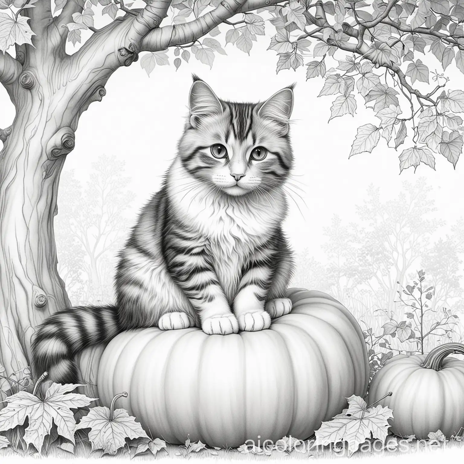 Adorable-Forest-Cat-Kitting-on-a-Pumpkin-Under-a-Fall-Tree