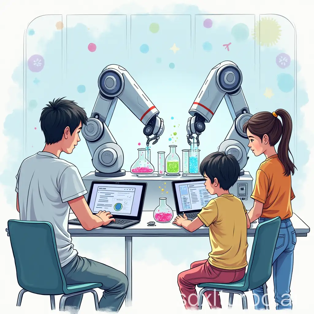 Drawings in a style made with a tablet, showing middle school students using AI tools to simulate science experiments for learning, with screens on display and robotic arms assisting with mixing liquids