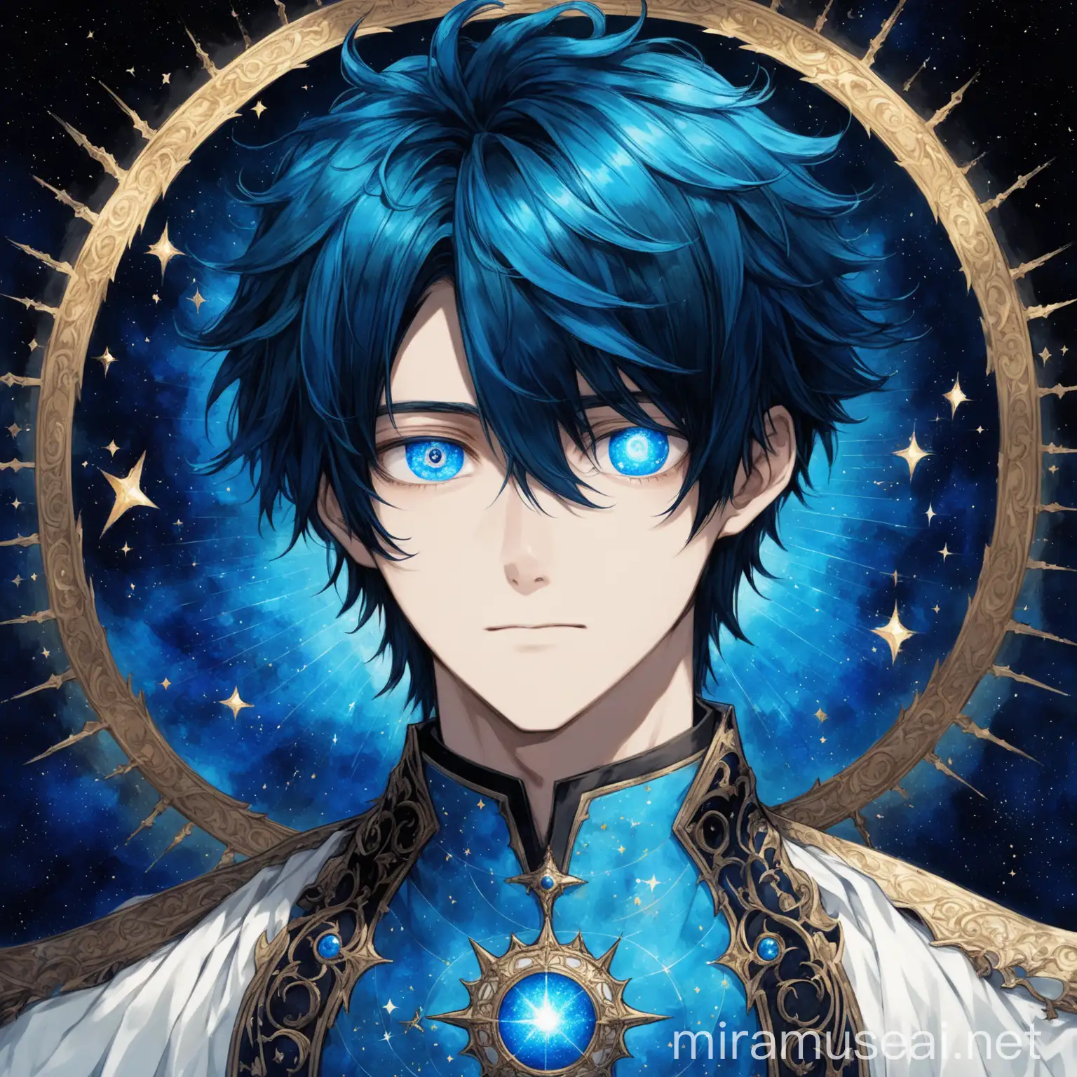 Young Man with Blue Celestial Hair and Heterochromatic Eyes