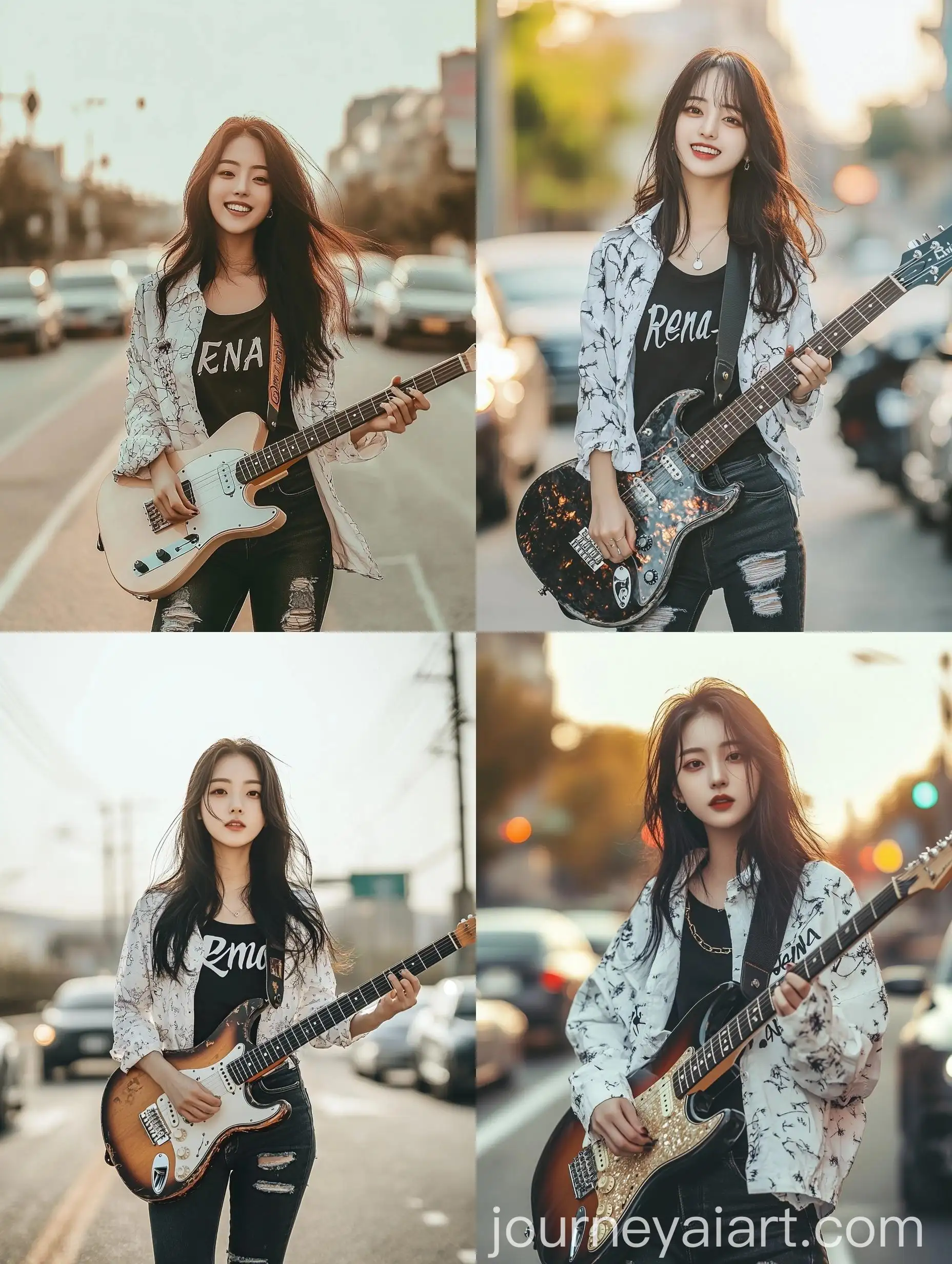 Smiling-Korean-Woman-Playing-Guitar-Amid-Urban-Traffic