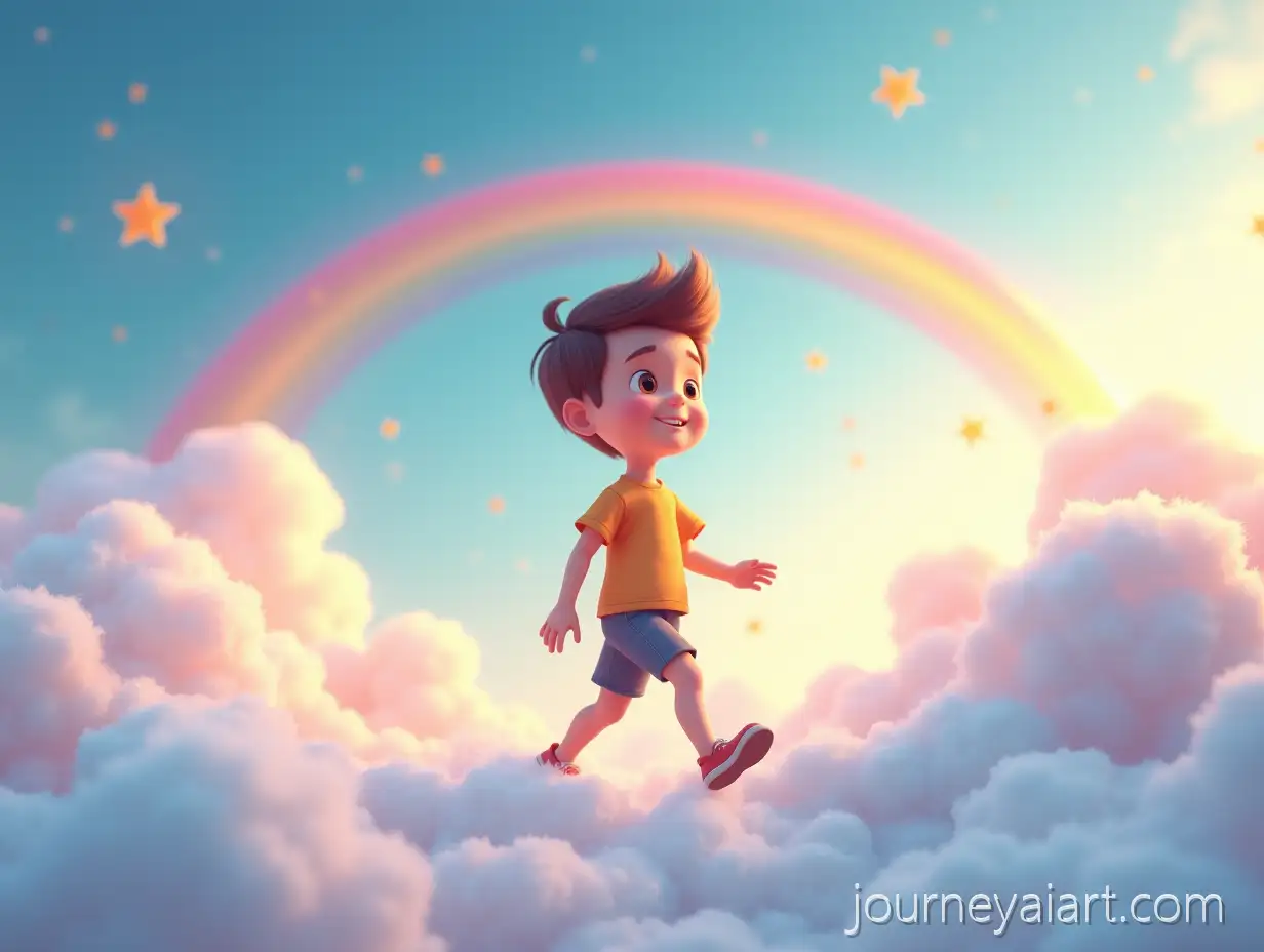 Boy-WalkingAI-Image-Prompt-Expansion-on-Fluffy-White-Clouds-Surrounded-by-Rainbows-and-Stars-in-Dreamy-Fantasy-Animation