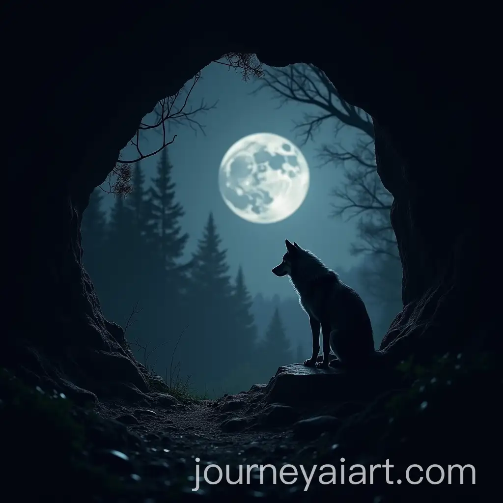 Lone-Wolf-in-Dark-Cave-Under-Moonlit-Sky