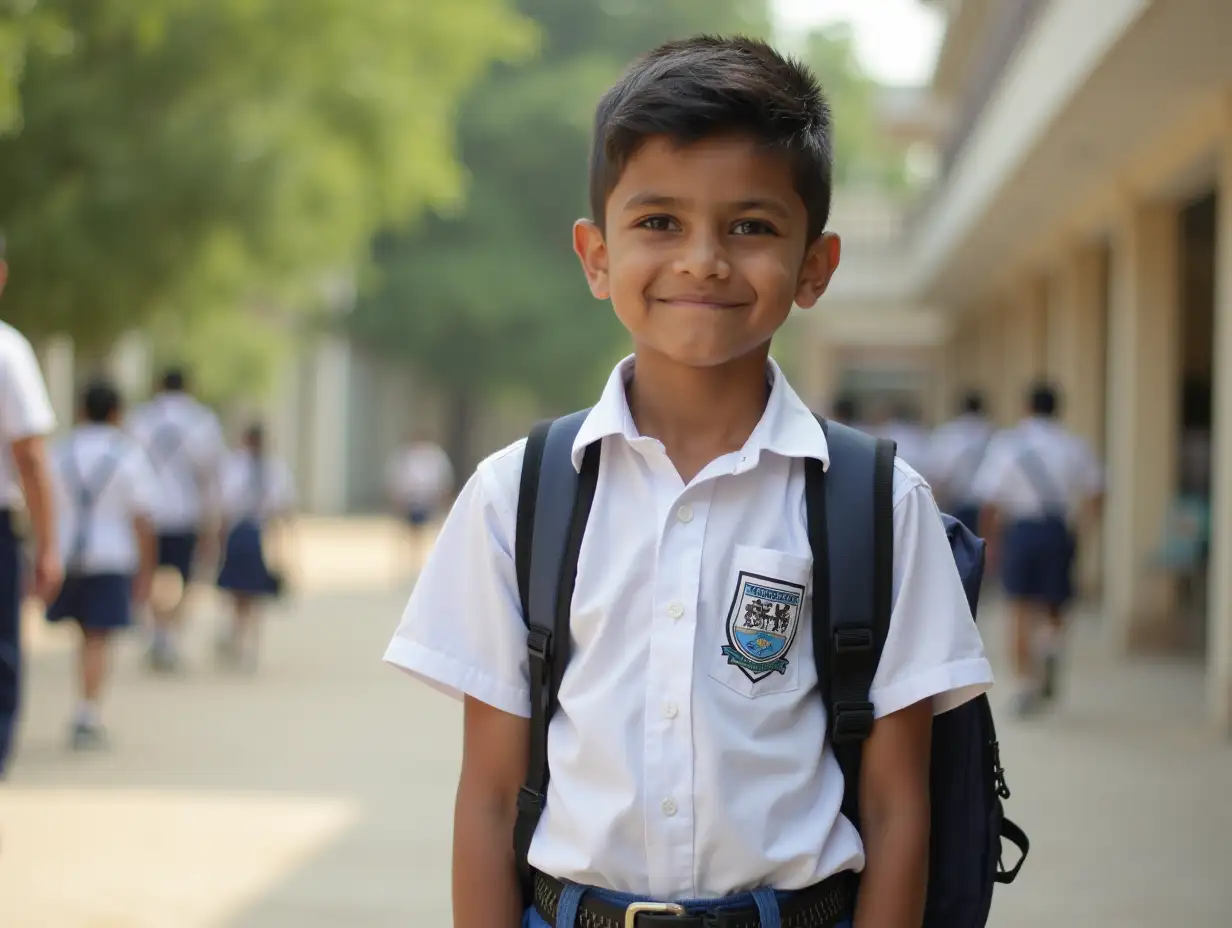 Indian-School-Student-in-Uniform-Standing-with-School-Bag