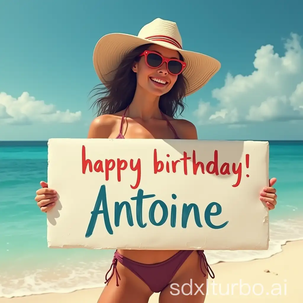 Woman-in-Bikini-Celebrating-Birthday-with-Happy-Birthday-Antoine-Sign