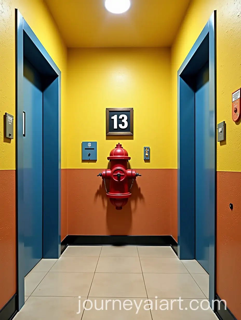 Elevator-Landing-with-Blue-Doors-Fire-Hydrant-and-High-School-Imagery