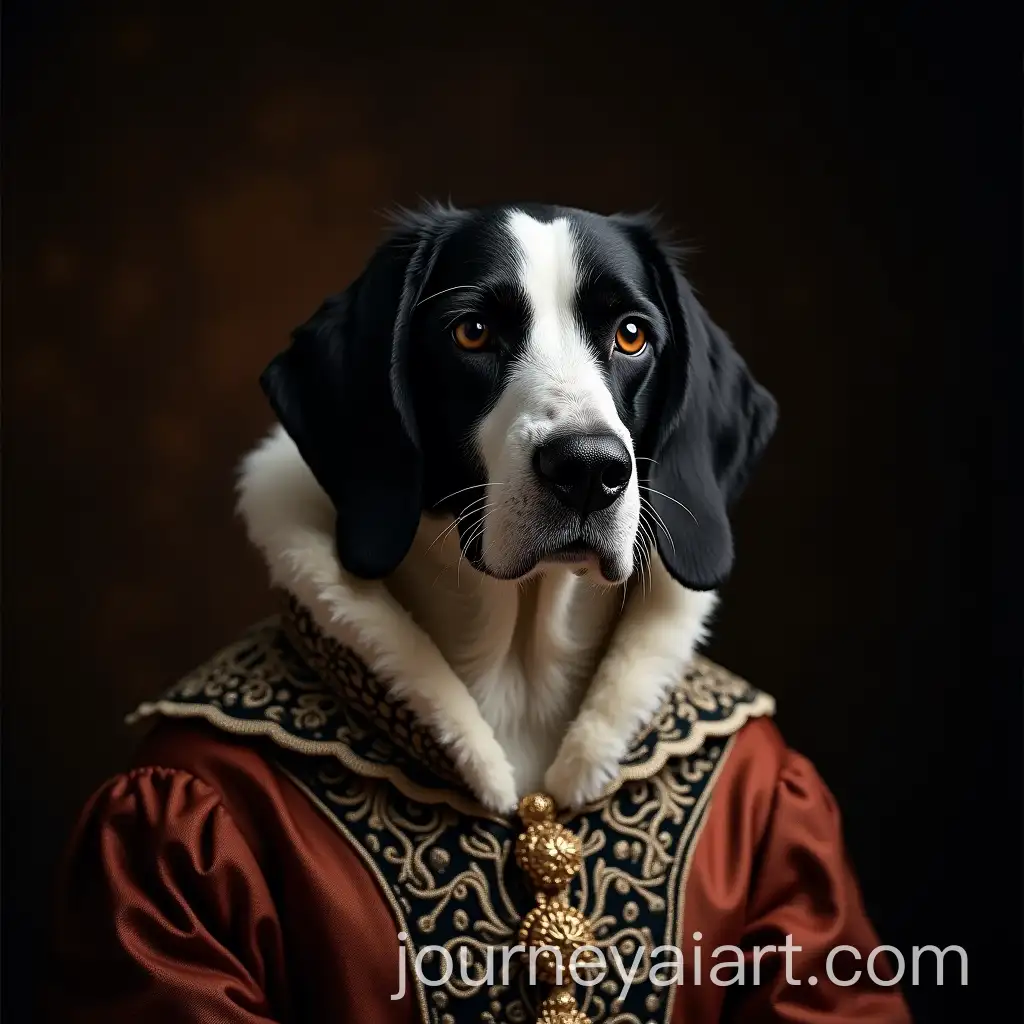 Bracco-Hound-Dressed-as-a-16th-Century-King-in-Black-and-White-Portrait