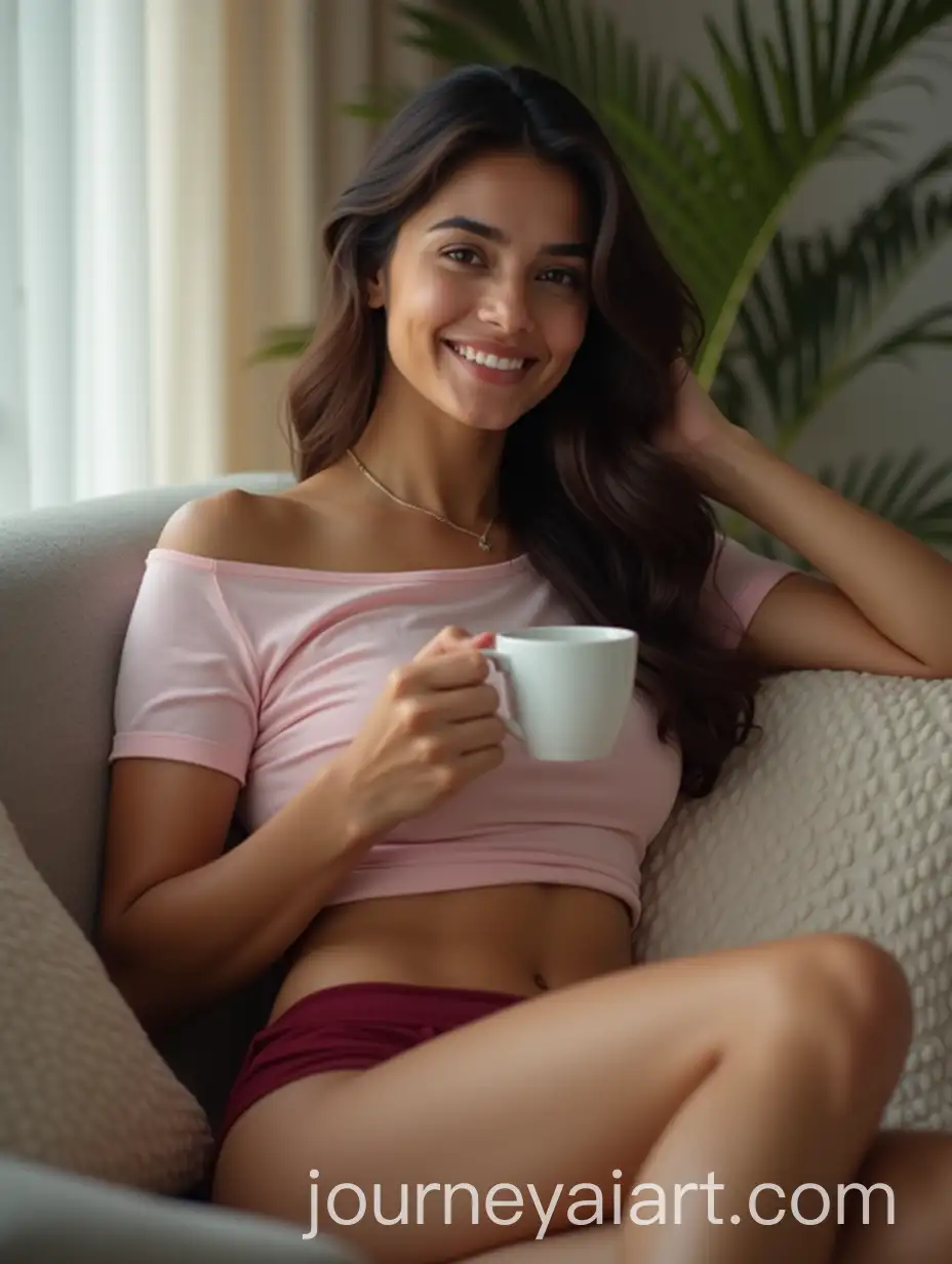 Cozy-Morning-at-Home-with-Indian-Woman-Enjoying-Coffee-and-City-View