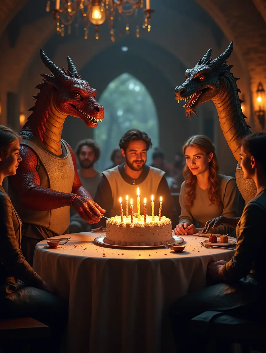 In a fantasy tavern there is a birthday party the tavern is decorated the guest exists out of dragons and elves a maid is serving a birthday cake with burning candles high quality full detailed photorealism