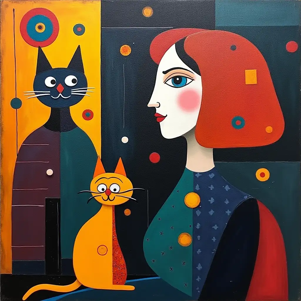 Picture in a grid with a cat and a lady in the style of Kandinsky, Malevich, minimalism, simplified for a beginning acrylic artist with many colors, constructivism abstractionism, dark-toned