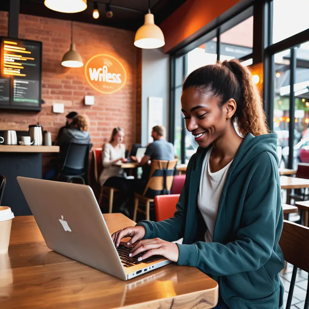 A person using a laptop in a coffee shop, connected to the internet via public Wi-Fi, illustrating the flexibility of wireless communication.