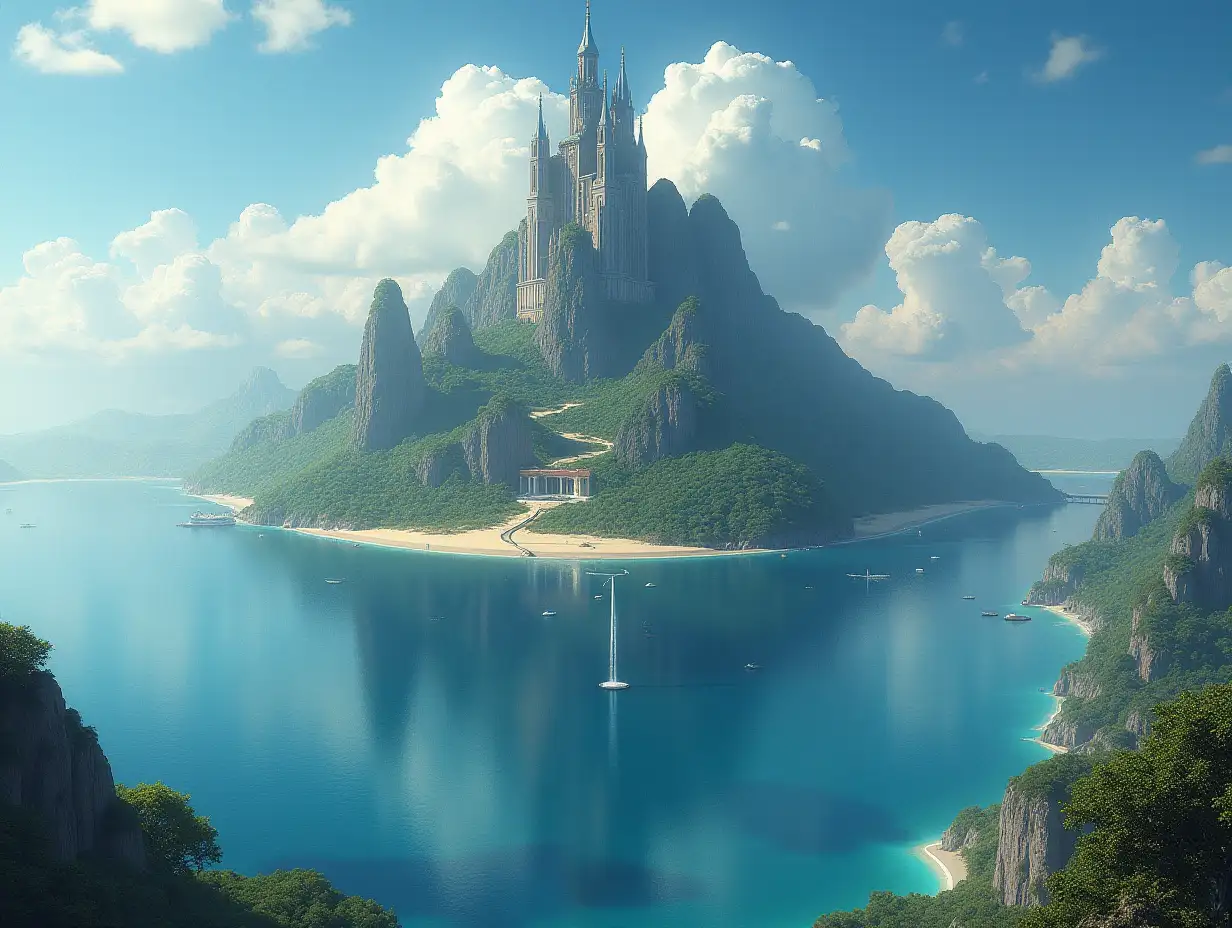 Create for me a photorealistic image of Paradise on a large planet with towers, sea and waterfalls