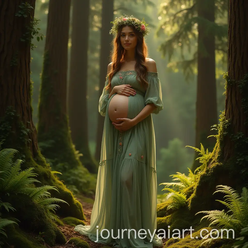 Pregnant-Woman-in-Enchanted-Forest-with-Floral-Crown-and-Bohemian-Dress