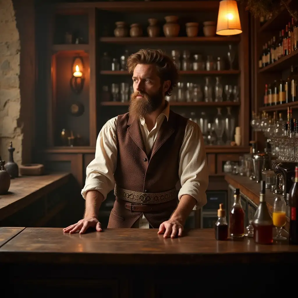 A bartender in the Middle Ages stands behind the bar counter.