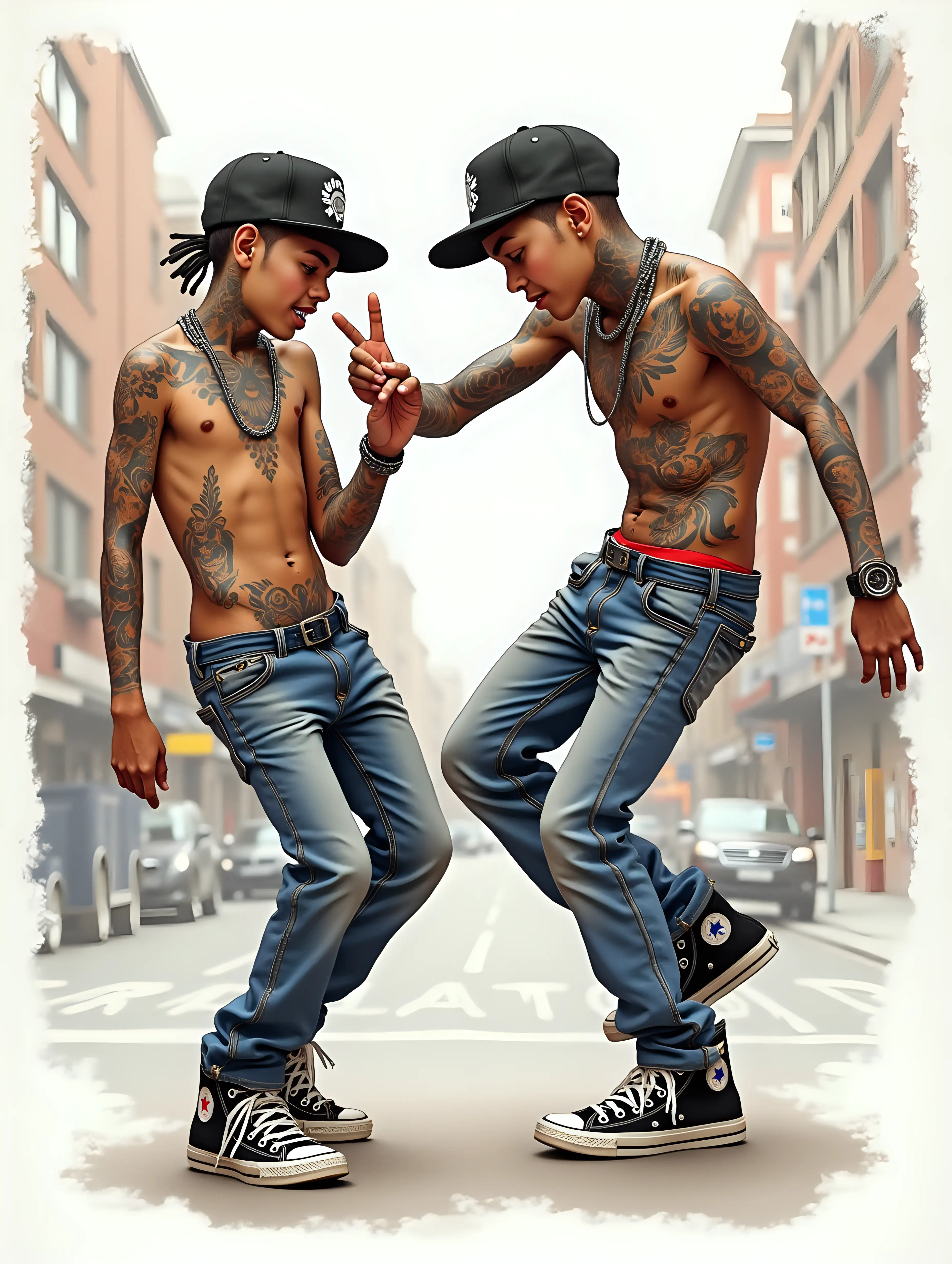 photorealistic detailed drawing combined with water colors of  two skinny Hip Hop Boys with tattoos, dancing breakdance on the street