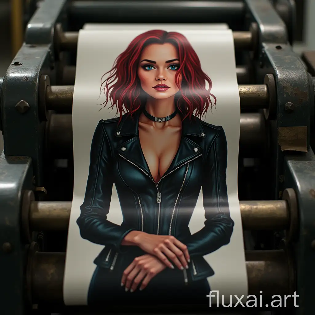 Can you generate a picture? Black Widow funny material flattening transformation in printing press rollers. Photorealistic view pressed flat photo of Black Widow full printed body size as flat romantic pattern creating a smooth and glossy roll to roll effect. Villain Joker see Surprised Black Widow front view her hand stuck between the double roller of a vintage printing press machine as if she was a printed sticker by Villain Joker. Black Widow flat front surface caught between rollers. The rollers pressed material flat Black Widow as a printed sticker. Black Widow outfit surface is very flat thin stick on the press cylinders.