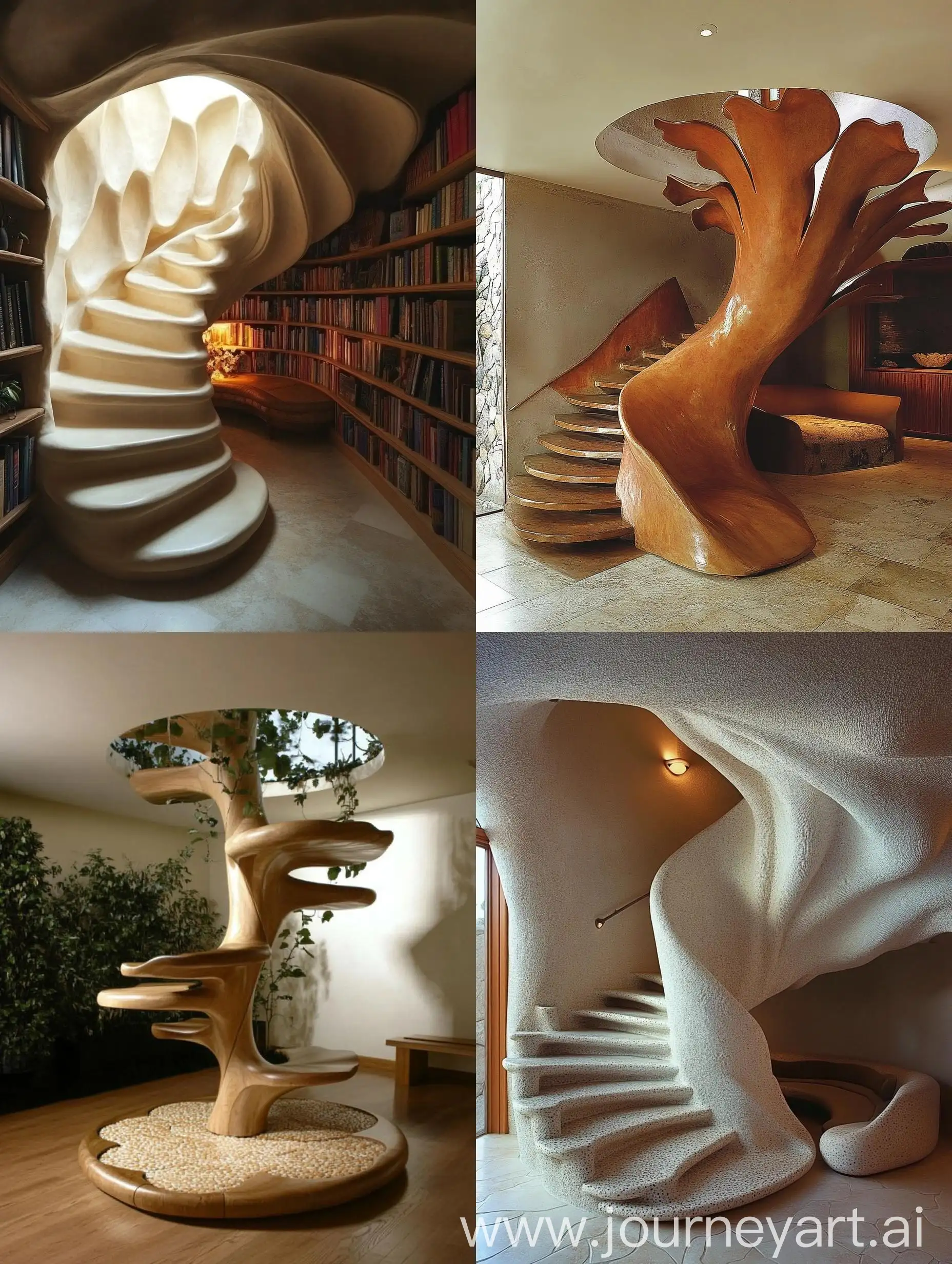 Spiral-Staircase-Resembling-a-Blossoming-Flower-with-a-Cozy-Resting-Area-Below